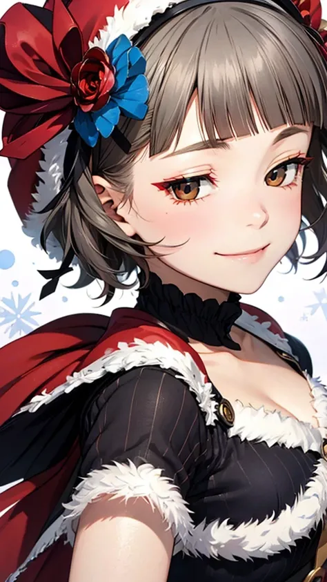 (((solo))), 1 woman, Sakuya Kurobane, sakuyaunif, kurobane_sakuya, brown eyes, short hair, grey hair, black hairband, (blue hair flower), red eyeliner, chest, blush, smile, (upper body), santa claus