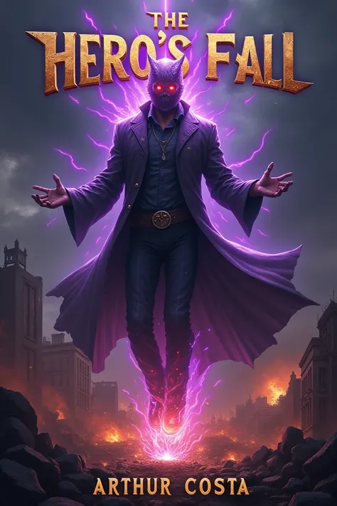 
	• Bottom:  a devastated city ,  with ruined buildings and rising flames .  The sky is laden with dark clouds and purple rays .
	• Central Figure: Alex Storm,  possessed by Korthar ,  floats above the destruction .  Half of his face shows human suffering ...