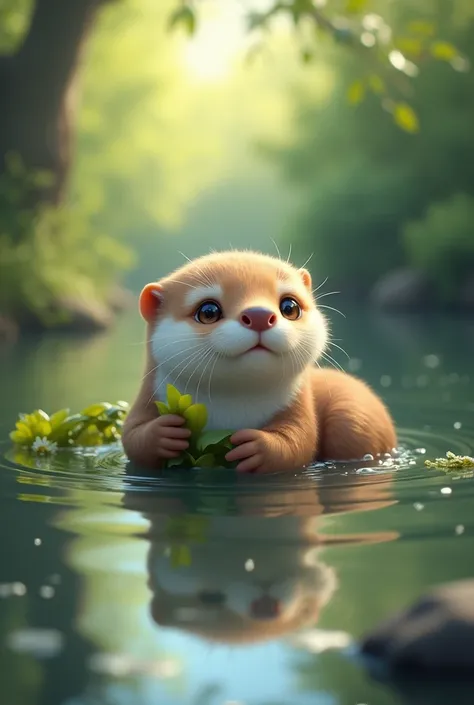 A small baby otter floats on its back in a calm river, clutching a piece of kelp with wide, inquisitive eyes.