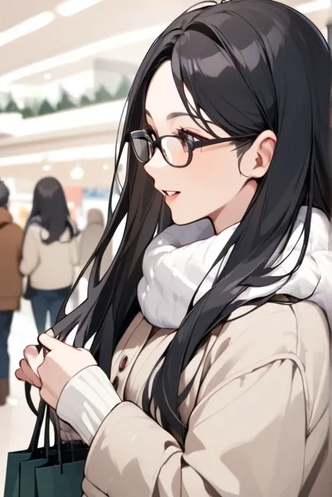 Black hair, long hair, glasses, winter clothes, shopping, shopping mall