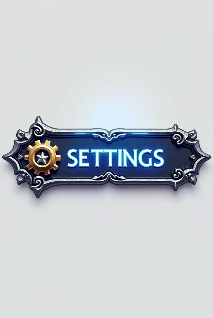 I need a horizontal button for a mobile game with a fantasy theme. The button should have a metallic silver or gray border with a textured background. Inside the button, there should be the word Settings in a clean, bold font with a subtle glowing effect. ...