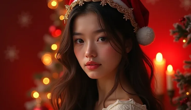 (  photorealism:1.2),   Beauty , Long Hair , I&#39;interior,  soft lighting , A  ,  Details are complicated ,  warm shades, Dark Eyes, 18 years old ， Christmas costumes with only realistic faces、  red christmas background  