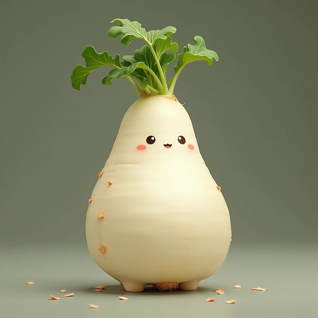 
white daikon (radish:1.8)(2thigh,nubile waist,white radish skin,vegetable photo,no head,no arms, no breast, leaves),that white daikon has its little one,relax and happy seen,  in space, safe for work