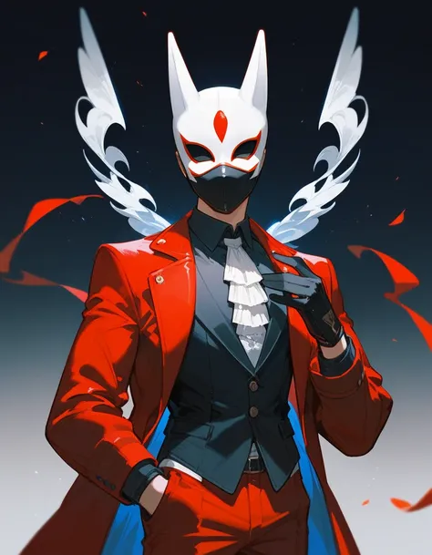 Puzzle person ,Wear a baggy mask on a white head, wearing a red suit, black square, , put on black gloves, Trousers,thin,high, gentlemen ,Put on a completely black mask,There is no face ,No head