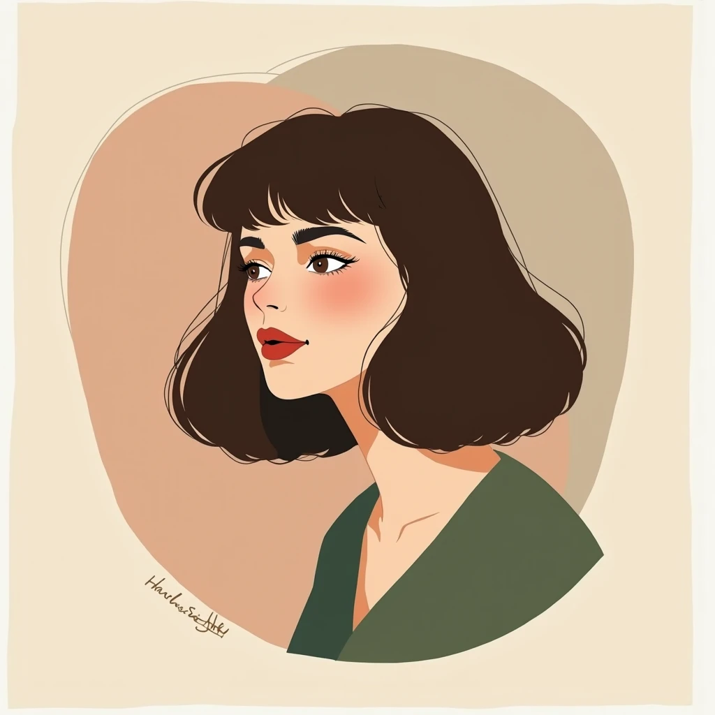 Illustration, minimalisme, haute définition : iIllustration minimaliste dune femme brune avec des cheveux très frisés bouoclés qui tombent sous les épaules (long), dessinée dans un style épuré avec des lignes simples et des couleurs douces. Le visage est l...