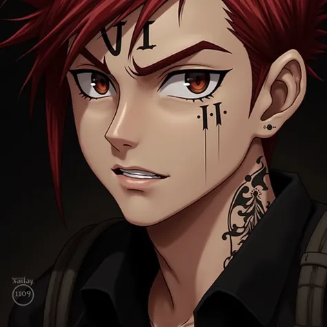 ````
#  Description of the image
The image shows a portrait of a man with anime or manga features .  He has spiky red hair and a serious and intense expression on his face .  His skin is clear and he has tattoos or facial marks ,  including a Roman VI symb...