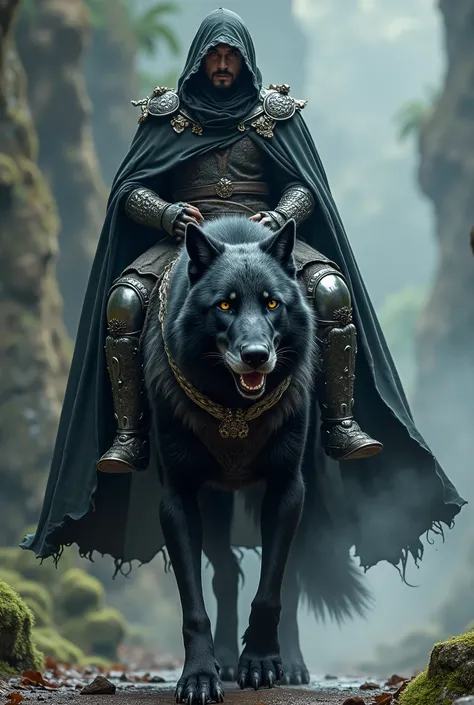 (artwork:1.2), (best quality:1.2), 8K, HDR, ultra detailed, ((photorealistic)), professional light, cinematic lighting, depth of field, A MAN, wearing black druid tunic, MOUNTING ON TOP OF A BIG AND ANGRY BLACK WOLF IN CHROME ARMOR, Super Detail, high deta...