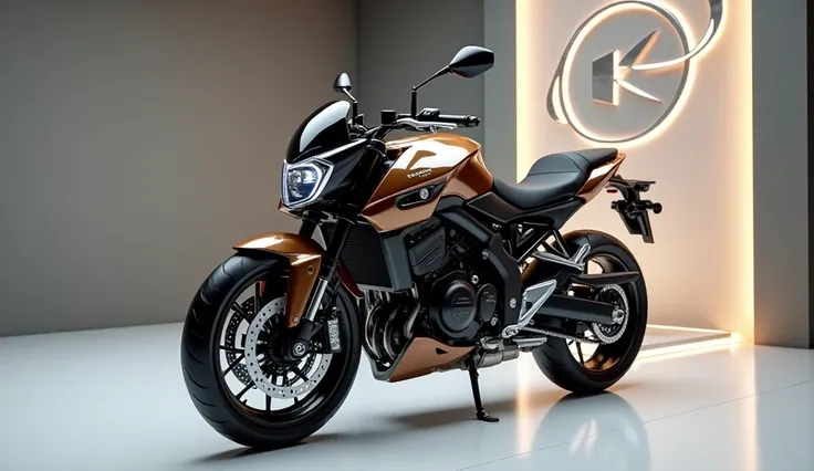 Generate a high-resolution, fully realistic image of a ( 2025 Kawasaki Versys 650 ) in ( brown) , with a sleek and modern exterior, futuristic wheels, and a shimmering body color, displayed in a luxurious showroom with a large logo on the back wall. The im...