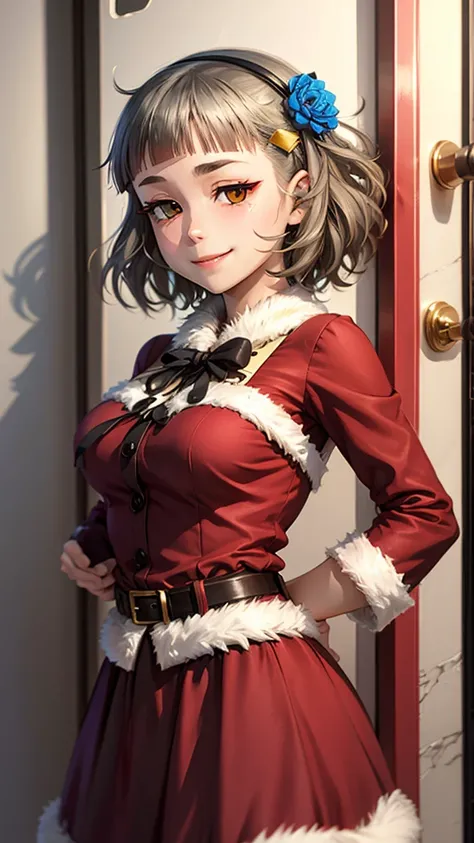 (((solo))), 1 woman, Sakuya Kurobane, sakuyaunif, kurobane_sakuya, brown eyes, short hair, grey hair, black hairband, (blue hair flower), red eyeliner, chest, blush, smile, (upper body), santa claus