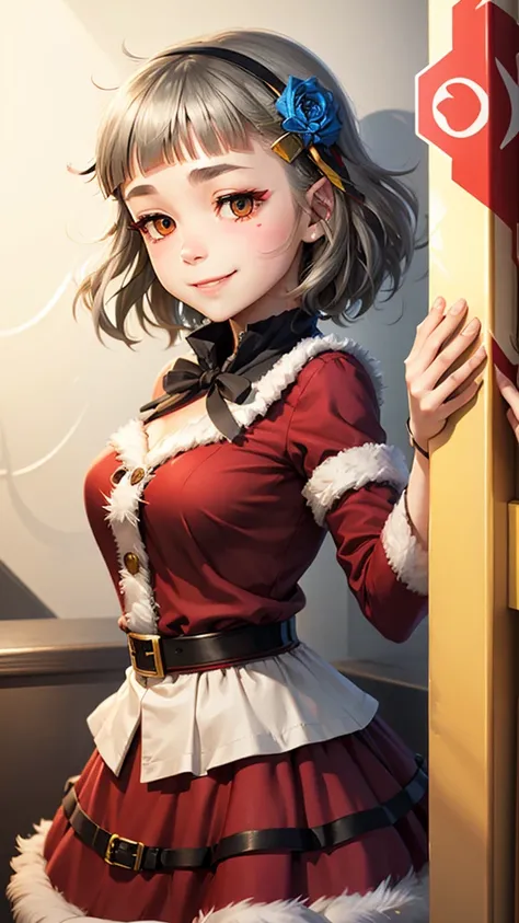 (((solo))), 1 woman, Sakuya Kurobane, sakuyaunif, kurobane_sakuya, brown eyes, short hair, grey hair, black hairband, (blue hair flower), red eyeliner, chest, blush, smile, (upper body), santa claus