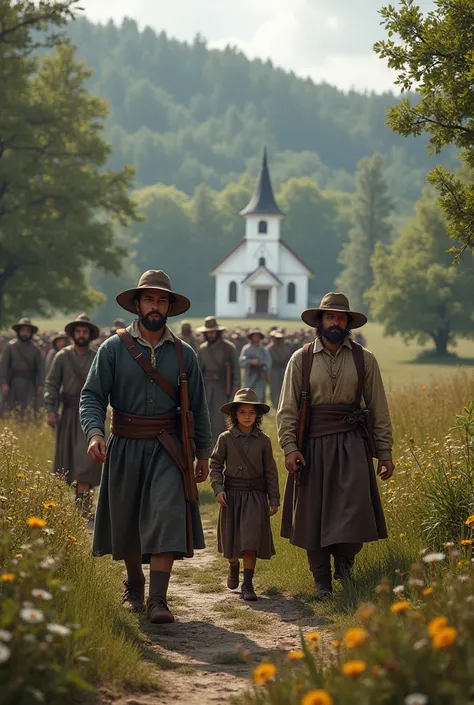  environment of the 17th century in New England , The Puritans , men and women and ren walking together going to church,  the men are armed with shotguns for protection,  the environment is incredible , The image is fantastic 