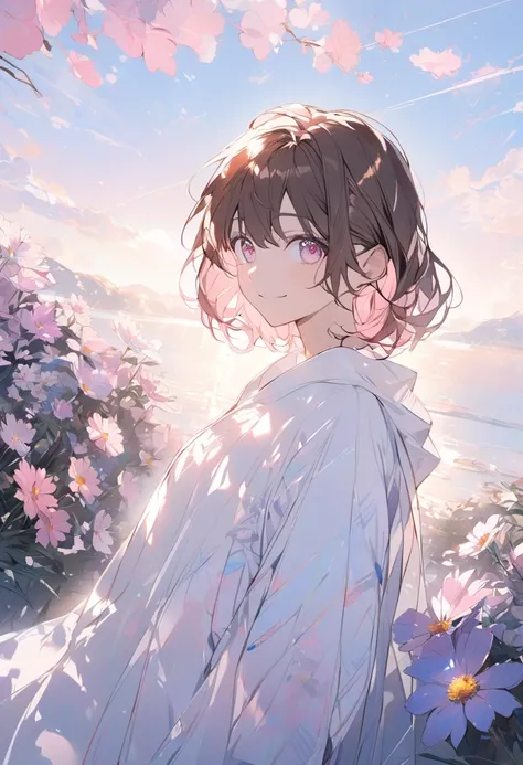  handsome, Alone, 1 female,  medium hair , Brown Hair,  pink highlight on the tip, Light pink eyes,morning,White long sleeve,smile,blue sky,coffee,Cosmos in one flower