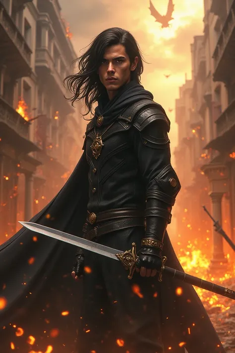 A young man with black hair up to his shoulder and a golden eyes to the point that he is super handsome while holding  a long sword. The background is with fire in the city. The city seemingly like a medieval times. With demons flying in the sky