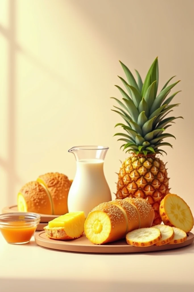  shaped breads A pineapple cut into pieces and a jug of milk on the side with a bowl of honey and bread next to the pineapple, pães de forma.Hd Full 4k,Pixar Art.