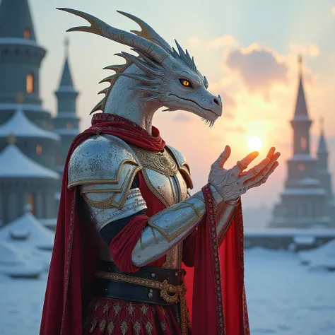 a masterpiece photograph, an inspired humanoid silver-white dragon dressed in red and gold armor, holding the sun in his hand in a poetic pose against the background of an epic snow and ice city, a solemn mood, indescribable beauty, snow whimsically sparkl...