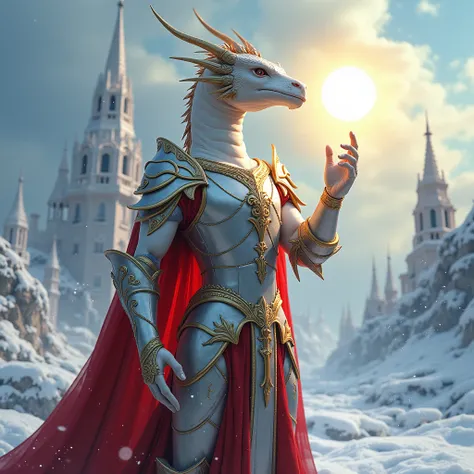 a masterpiece photograph, an inspired humanoid silver-white dragon dressed in red and gold armor, holding the sun in his hand in a poetic pose against the background of an epic snow and ice city, a solemn mood, indescribable beauty, snow whimsically sparkl...