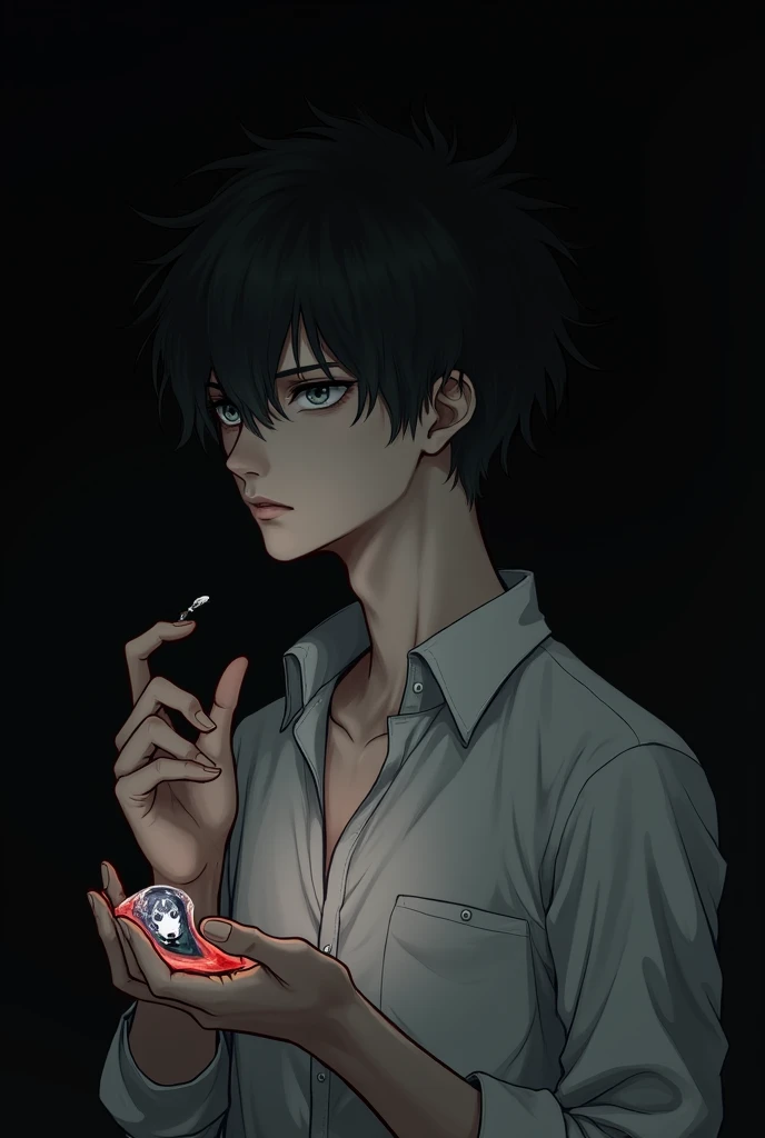 Young 19 years old man with a linen shirt, gray eyes and black hair, black background, with a little blood on his face and holding in his left hand a fragment of a mirror with a psychedelic reflection, the image should pay attention to something psychedeli...