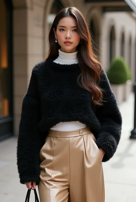 This image showcases a chic and elegant fashion style. The upper body features a fluffy black sweater that gives a casual yet stylish impression. Underneath, a white turtleneck is layered, adding a distinctive touch to the outfit. The lower half includes a...