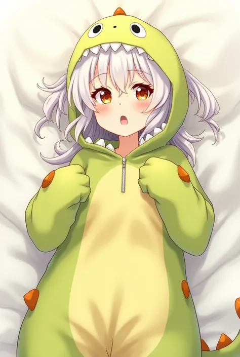 A Japanese anime-like woman with white hair and orange pupils yawning wearing a yellow-green dinosaur suit on a white bed