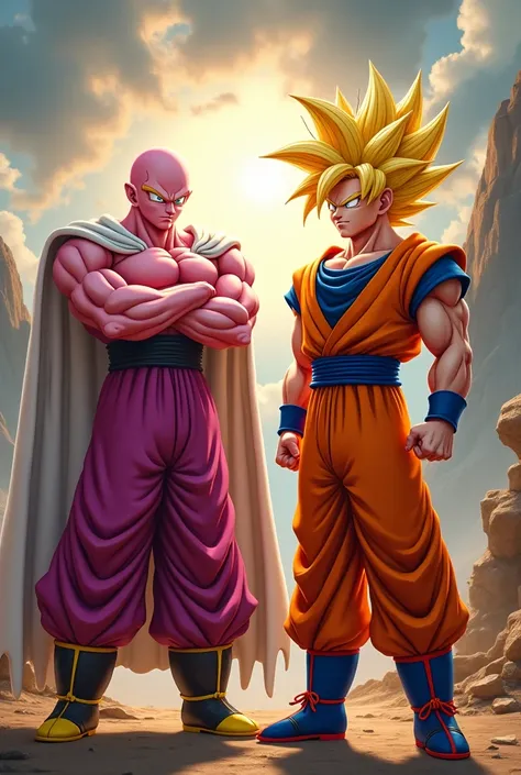 "Create a 16:9 photorealistic image featuring Goku and Majin Buu standing side by side. Goku is in his Super Saiyan form, with golden, glowing hair, a fierce expression, and his orange and blue gi rippling as if caught in an unseen energy. Majin Buu, in hi...