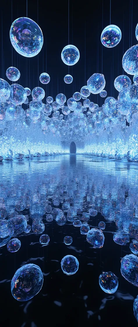 (masterpiece:1.2),( best quality),( super detailed),( photorealistic),( RAW photos ),16k,wallpaper,Magical bubbles,(Mirrored floor:2.0),(Beautiful bubble floating glass wall :2.0),( Beautiful Bubble Mirrored Ceiling:2.0),( A room with a beautiful effect wh...