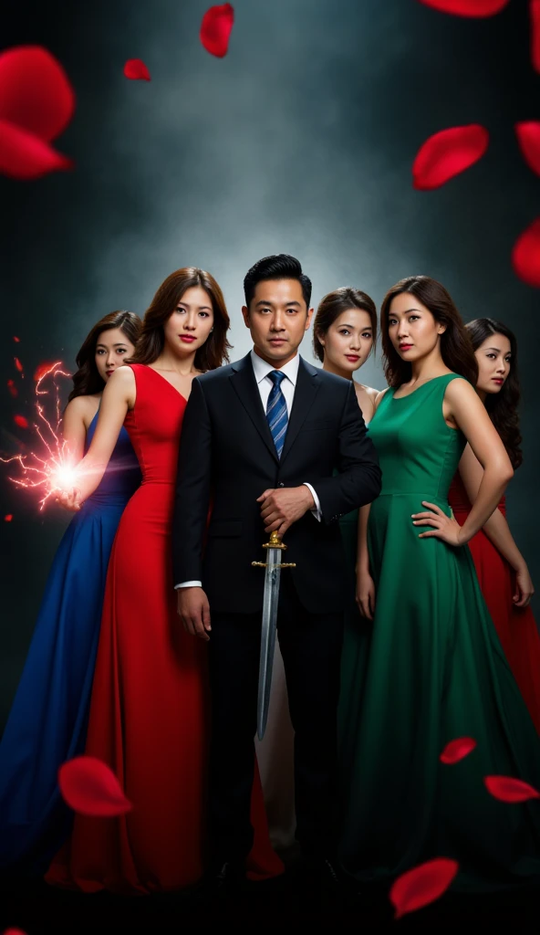 an image of a filipino drama poster. 1 man dressed formal. 3 woman dressed in red,blue,green.  is holding a sword aiming at the woman. the woman dressed in red looking at the camera and have magical powers in her hand they are back to back each other dark ...