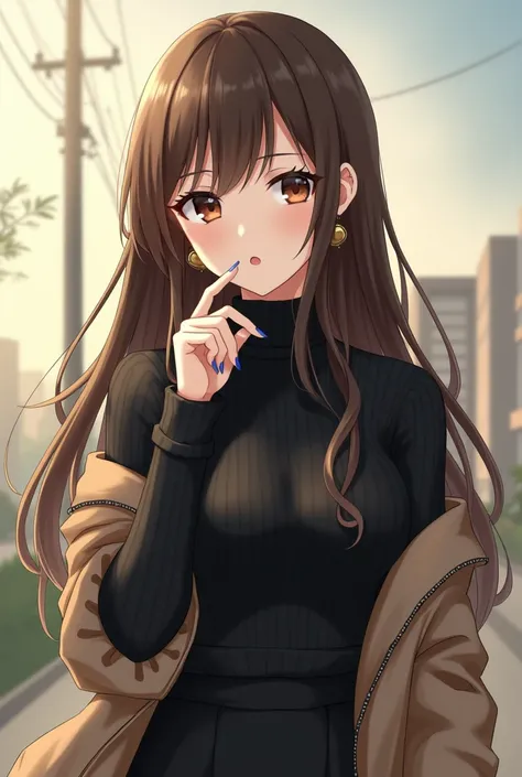 rolua,, , 1girl, ahoge, bangs, black skirt, black sweater, blue nails, blurry, blurry background, breasts, brown eyes, brown hair, brown jacket, closed mouth, dated, day, depth of field, earrings, eyelashes, hand up, head tilt, jacket, jewelry, long hair, ...