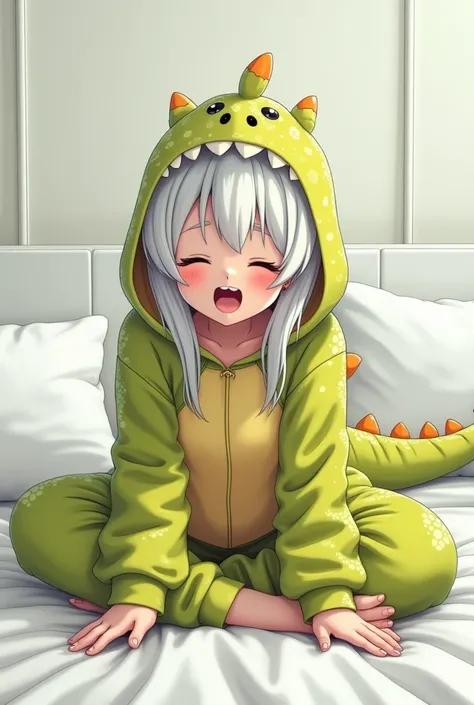 Japanese anime-like woman sitting on a white bed and yawning in a yellow-green dinosaur suit with white hair and orange pupils