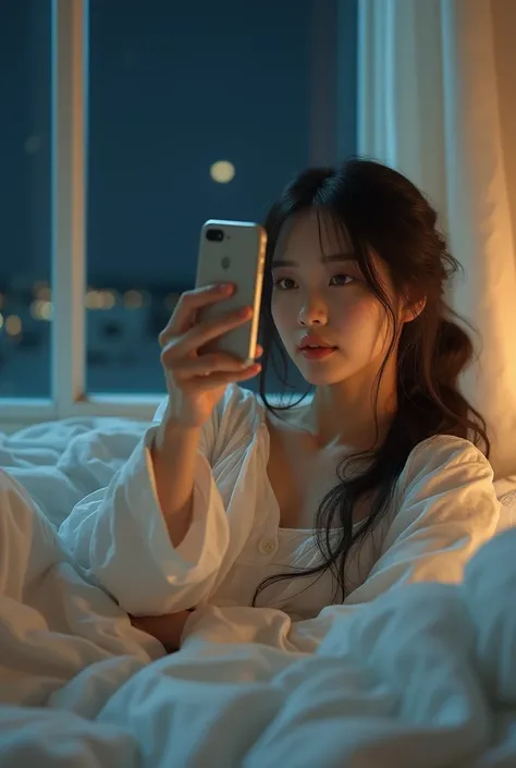 (photorealism:1.2), beautiful Korean woman, laying down on bed, wearing white loose clothes, loose pants, long a bit messy hair, indoors, dark lighting, white wall, window in the midnight, cozy room, relaxed pose, realistic, intricate details, dark colors,...