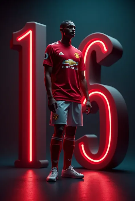 @Aryan Emon : The background must be a dark gradation to focus on the letters and people.  lighting gives a soft glow to the edges of the 3D letters 、 casts subtle shadows and adds depth 。, Wear a Manchester United uniform 