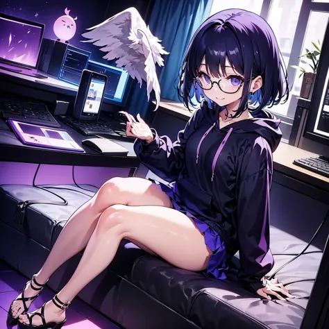 solo1.3、Palms facing up 1.7、 Max Image、Birds-eye view from above composition 1 .3、Seiko no Hand 1 .3、 black bob cut 、 sitting on the purple cube in front of the monitor 、black simple hoodie and purple mini skirt 1.6、 Fleshy Thighs 1 .3、Angel Girl Sandalpho...