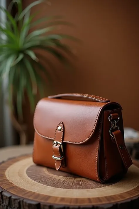 Handmade leather bag, crafted with intricate stitching and unique design, placed on a rustic wooden table. The bag should have a vintage, yet timeless look, with rich brown leather and subtle texture details. The lighting is soft, highlighting the natural ...