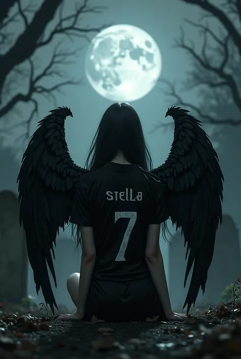 Femme de dos assise , avec des cheveux longs noirs et des ailes noires , avec un maillot de foot avec écrit Stella et le chiffre 7 dessus , sur un fond sombre avec une grosse pleine lune dans un cimetière 