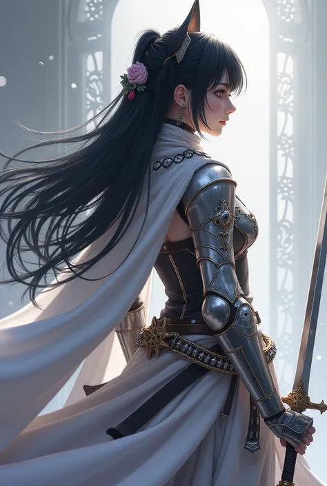 Theme of the game Tales of Arise. Image of a black haired human female standing holding her favorite sword, wearing light armor in black and white, pastel colors, and dramatic tones. A masterpiece with the highest resolution , Image type surreal, full body...