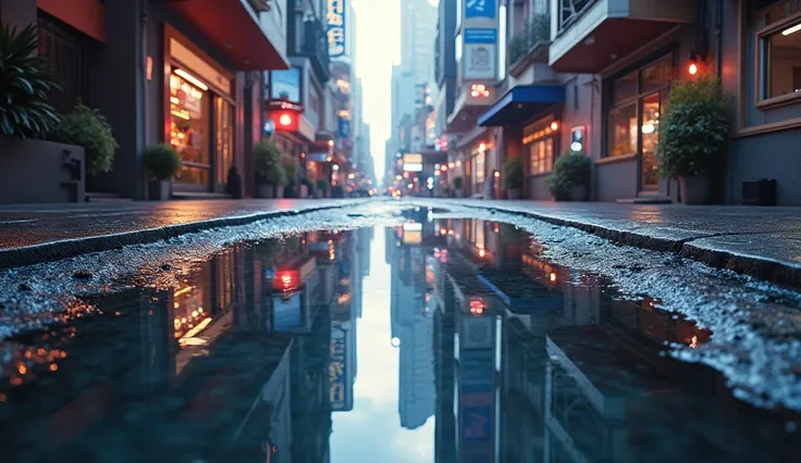 A beautiful and emotional view of a futuristic city reflected in a round puddle on the sidewalk, showcasing realistic details, vibrant colors, and an atmosphere of wonder, cyberpunk, cityscape, reflection, water.