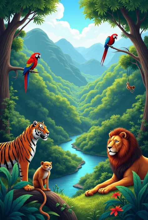  Simple illustration of mountains with foliage and vegetation and a snake, a macaw, A tiger, a lion and a monkey 