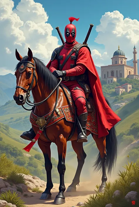 Deadpool from Turkey wearing Turkish national clothes holds a sword and sits on horseback in Turkey
