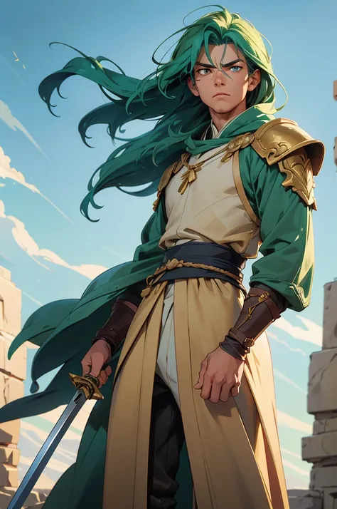 (green hair), (short hair),((wind soard)), Best quality, (((masterpiece))), high quality, (((detailed face))), (detailed piercing eyes), (full-body shot, from below), Nagi, human incarnation of the Sun God, a swordsman mastering the wind. He wears plain, t...