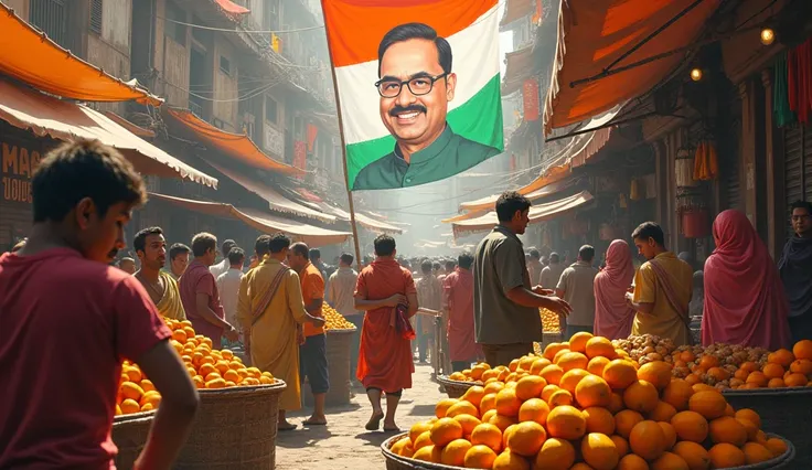 A bustling Indian market where people are buying mangoes and pointing to posters of a smiling politician promising work for everyone.
