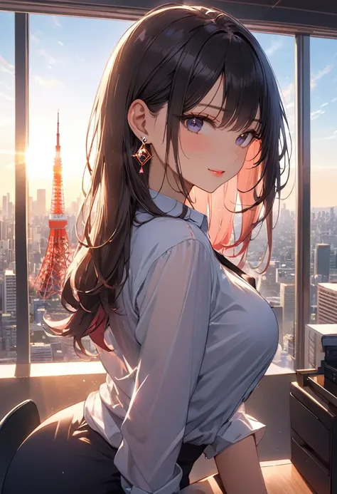 masterpiece,best quality,ultra detailed,high resolution,16k, beautiful,   1 girl ,  black long hair by lla,Business shirts、 earrings for a woman alone, Outdoor、Married Woman,sunlight、Clear skies、Tokyo Office、Skyscrapers in the background、 Tokyo tower 、bewi...