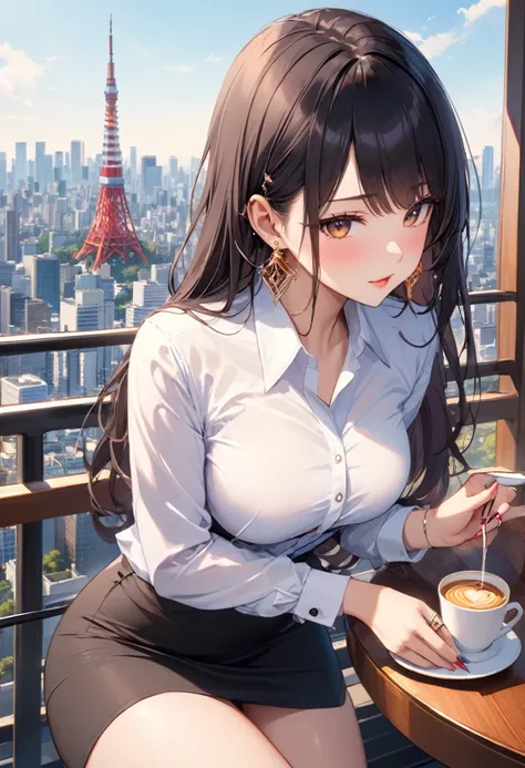 masterpiece,best quality,ultra detailed,high resolution,16k, beautiful,   1 girl ,  black long hair by lla,Business shirts、 earrings for a woman alone, Outdoor、Married Woman,sunlight、Clear skies、Cafes in Tokyo、Skyscrapers in the background、 Tokyo tower 、be...