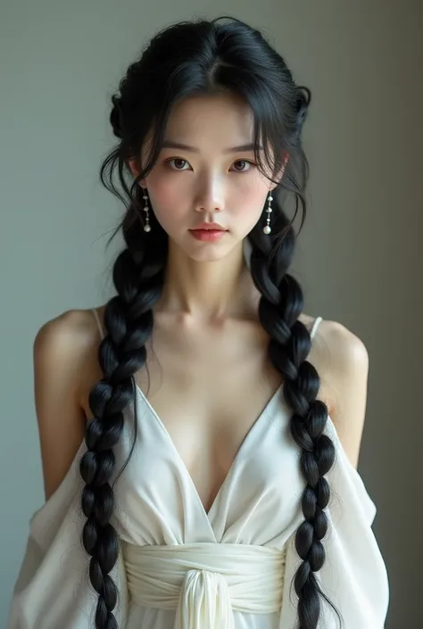 Asian girl with very long braided black hair and short white silk dress
