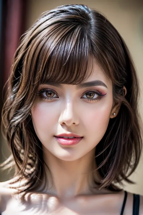 Create a stunning image of a beautiful girl, ultra definition, shinning glossy hairs, hime-cut hair style, Realistic (photorealistic Realism),(high resolution),(intricately detailed art),(ultra realistic texture details: velvety skin, hair.),(ultra quality...