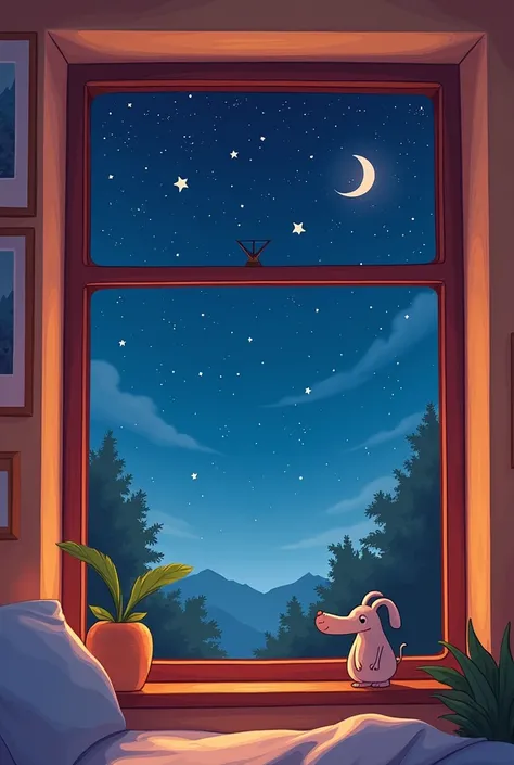 starry sky behind a rectangular window cartoon style