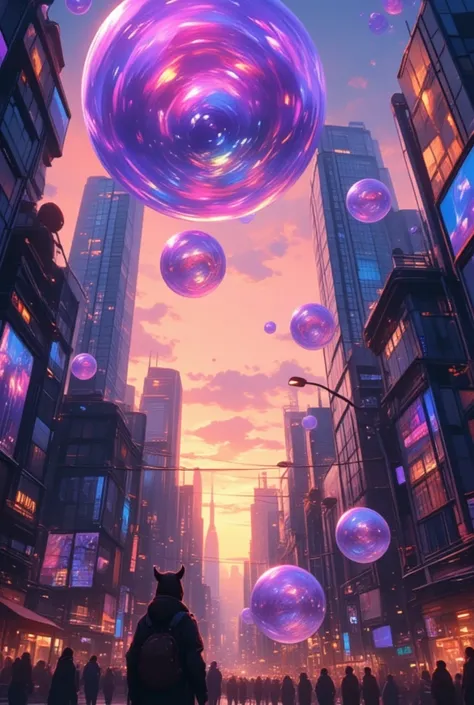 (Envision a surreal cityscape at dusk where giant, mesmerically colored bubbles rise slowly among skyscrapers, each bubble reflecting the fading hues of the sunset, swirling with vivid purples, pinks, and oranges. These bubbles seem to defy gravity, drifti...