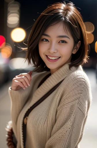 (8k, RAW photo, photorealistic, HQ, masterpiece), a cute Japanese woman, (glowing eyes), 
(Laugh with ones mouth wide open), brown hair, short hair, (Stylish early winter clothes), beautiful breasts, 
blurred background, depth of field, natural lighting, b...