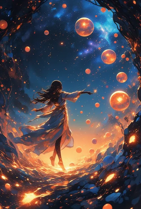 (Imagine a celestial realm, where bubbles composed of star-like particles float through the cosmos, casting their radiant glow across a dark expanse painted with galaxies and nebulas. An ethereal silhouette draped in garments woven from the fabric of stars...