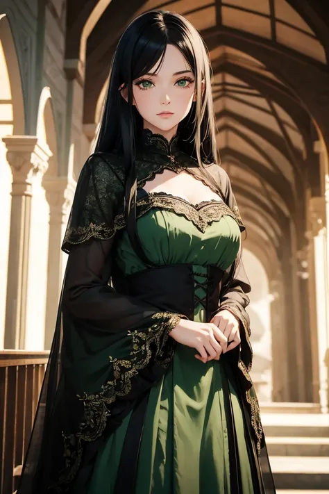 1 woman , Beauty, Black hair, green eyes, Dress , indoor , Middle Ages