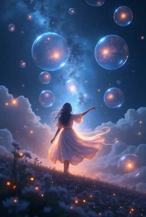 (Imagine a celestial realm, where bubbles composed of star-like particles float through the cosmos, casting their radiant glow across a dark expanse painted with galaxies and nebulas. An ethereal silhouette draped in garments woven from the fabric of stars...