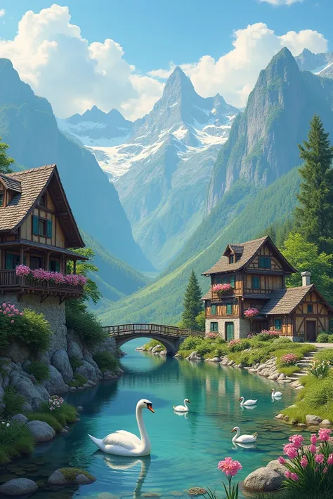  A picture in the mountains in summer .  In the valley an old village flows through the village .  There is a house with a water wheel .  A pond can be seen in which a swan swims with baby swans.  In the background you can see mountains  .  The houses are ...